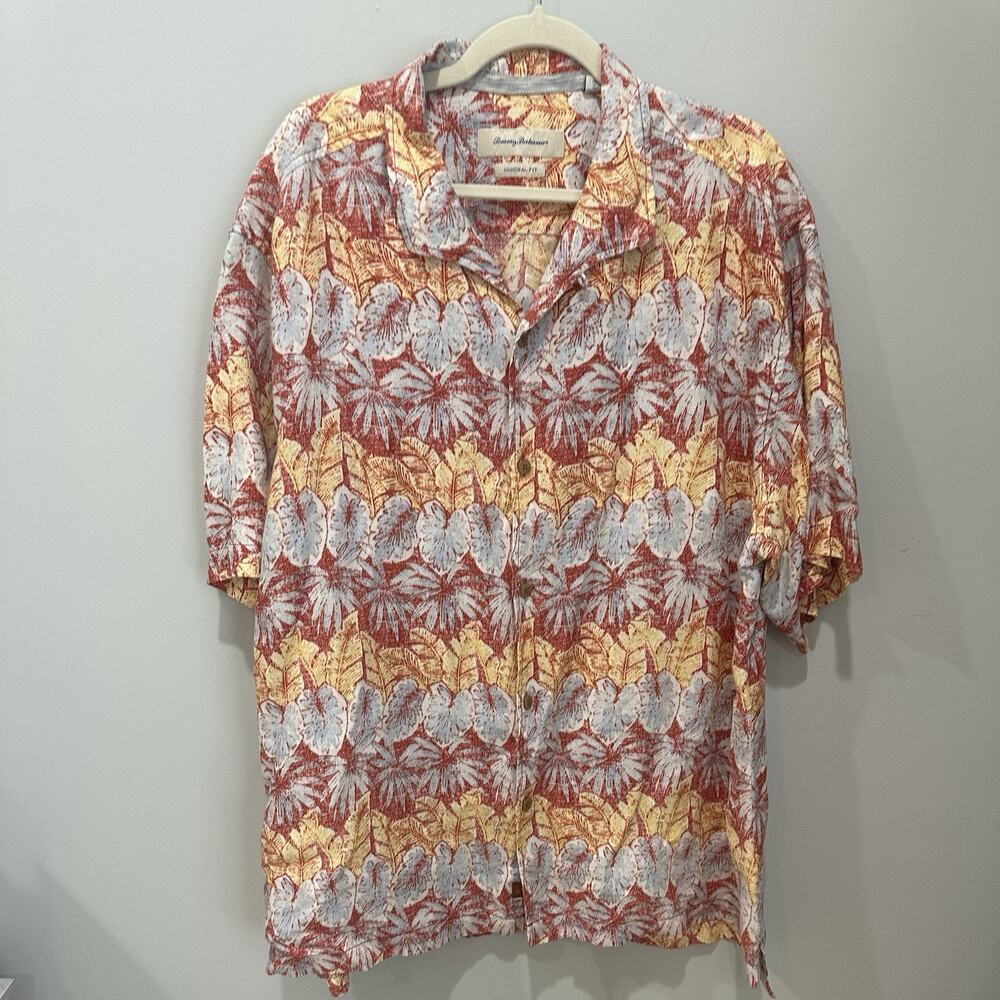 Tommy Bahama Shirt Mens XXL Orange Red Floral Hawaiian 100% Linen Short‎ Sleeve